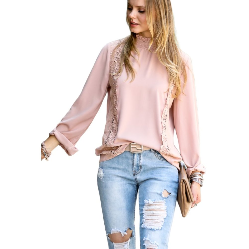 Mazik Smocked Ruffle Neck Lace Detail Blouse